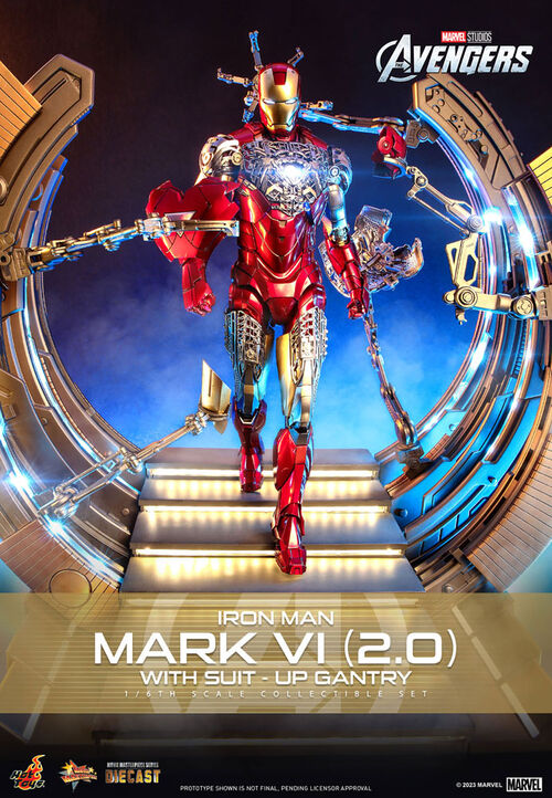 Marvel Los Vengadores Figura Movie Masterpiece Diecast 1/6 Iron Man Mark VI (2.0) with Suit-Up Gantry 32 cm